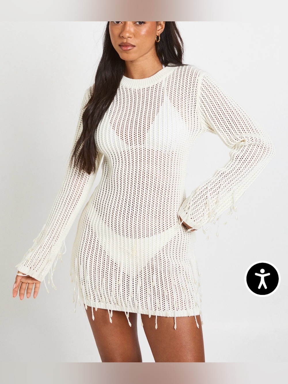 Boohoo Crochet Knit Beaded Hem Mini Dress